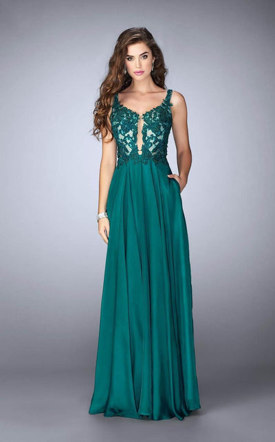 La Femme - 23802 Deep V Neck Illusion Lace Top Prom Gown Special Occasion Dress 00 / Evergreen