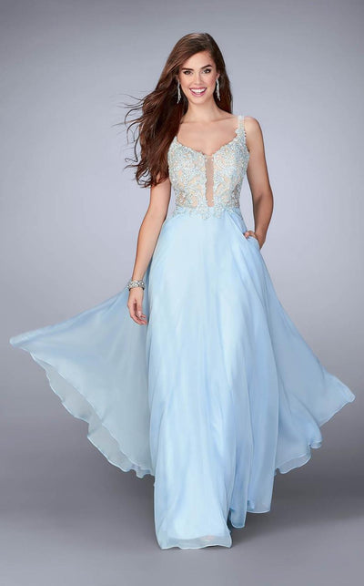 La Femme - 23802 Deep V Neck Illusion Lace Top Prom Gown Special Occasion Dress 00 / Powder Blue