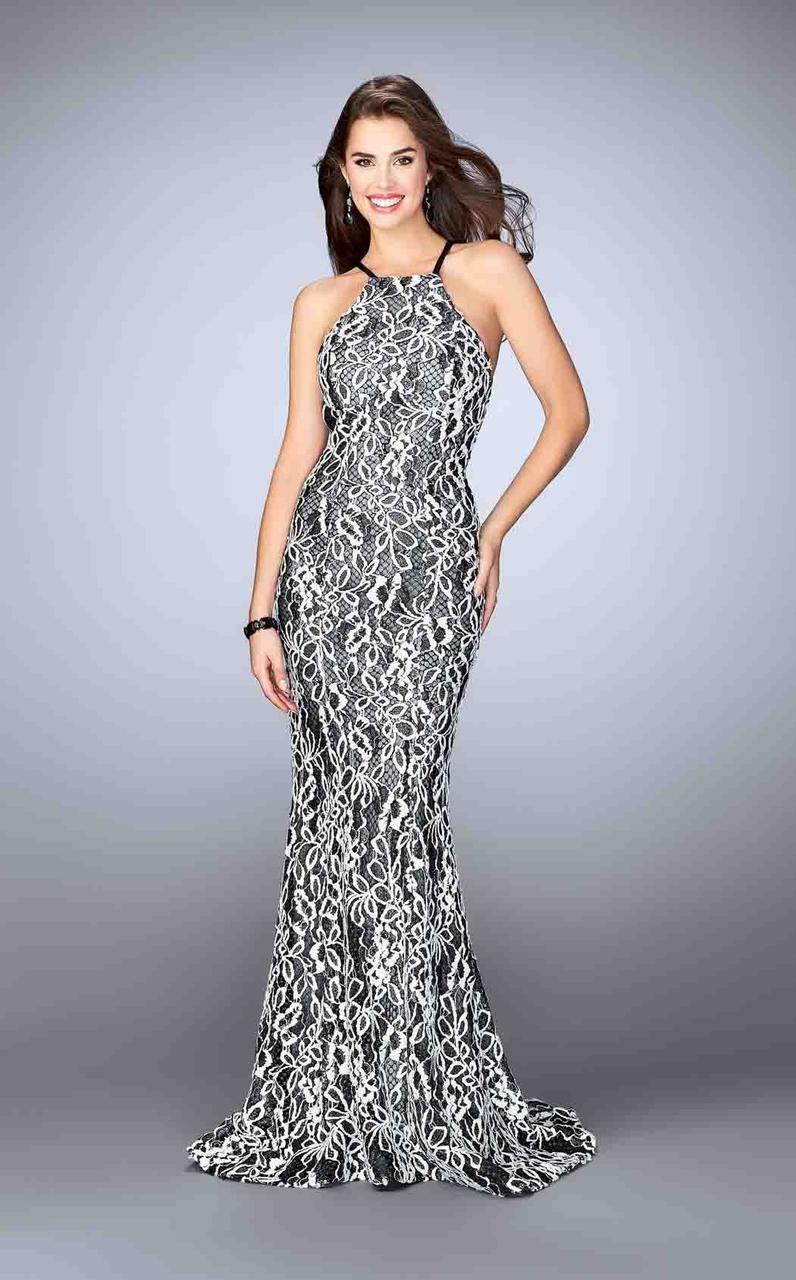 La Femme - 23848 Refined Contrast Lace Halter Long Evening Gown Special Occasion Dress