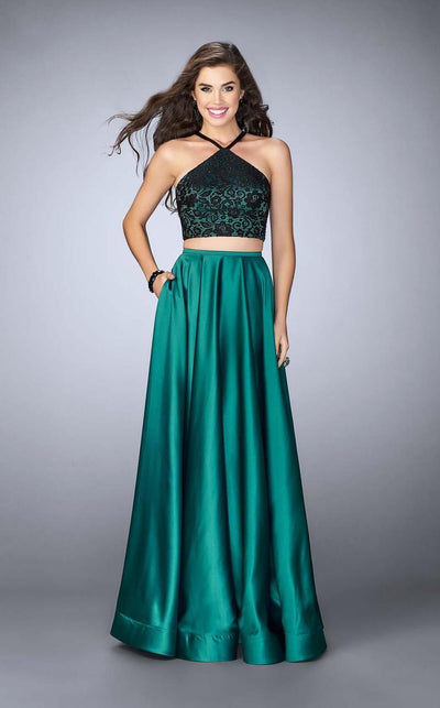 La Femme - 24264 Sleeveless Halter Neck Laced and Satin Two-piece A-line Dress Special Occasion Dress