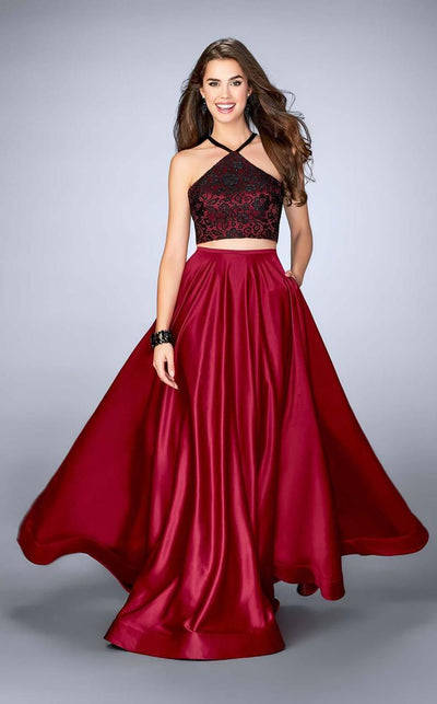 La Femme - 24264 Sleeveless Halter Neck Laced and Satin Two-piece A-line Dress Special Occasion Dress