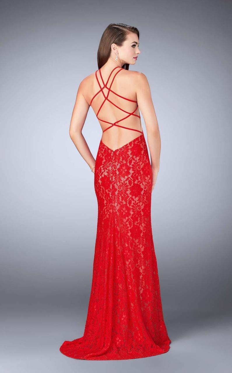 La Femme - 24293 Classic High Halter Lace Long Sheath Evening Gown Special Occasion Dress