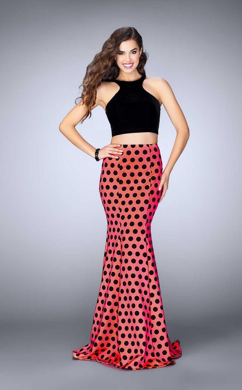 La Femme - 24297 Vivid Polka Dot Halter Mermaid Long Evening Gown Special Occasion Dress