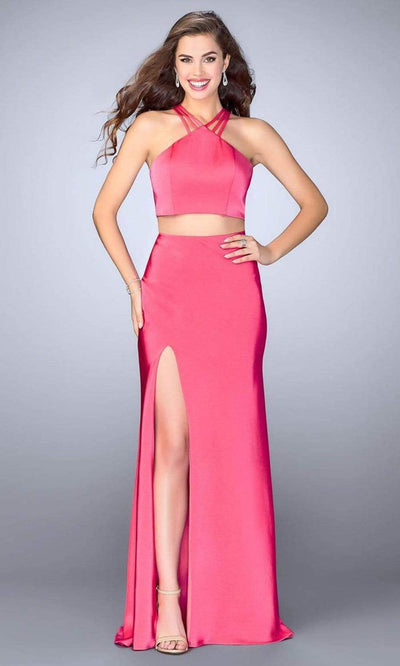 La Femme - 24324 Stunning Sleeveless Halter Neck Two-piece Dress Special Occasion Dress 00 / Hot Pink