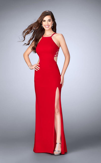 La Femme - 24443 Sleeveless Strappy Back Halter Prom Dress Special Occasion Dress 00 / Red