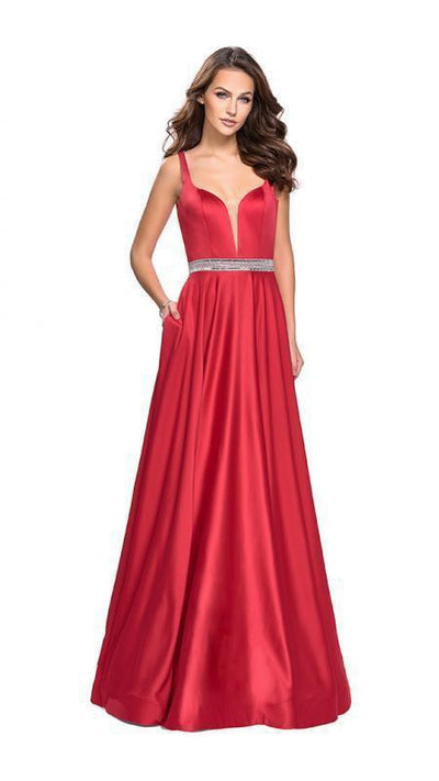 La Femme - 24821 Sleeveless Plunging Sweetheart Satin A-Line Gown Special Occasion Dress 00 / Red