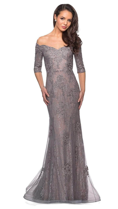 La Femme - 24866SC Elbow Length Sleeve Embroidered Sheer Overlay Evening Gown CCSALE