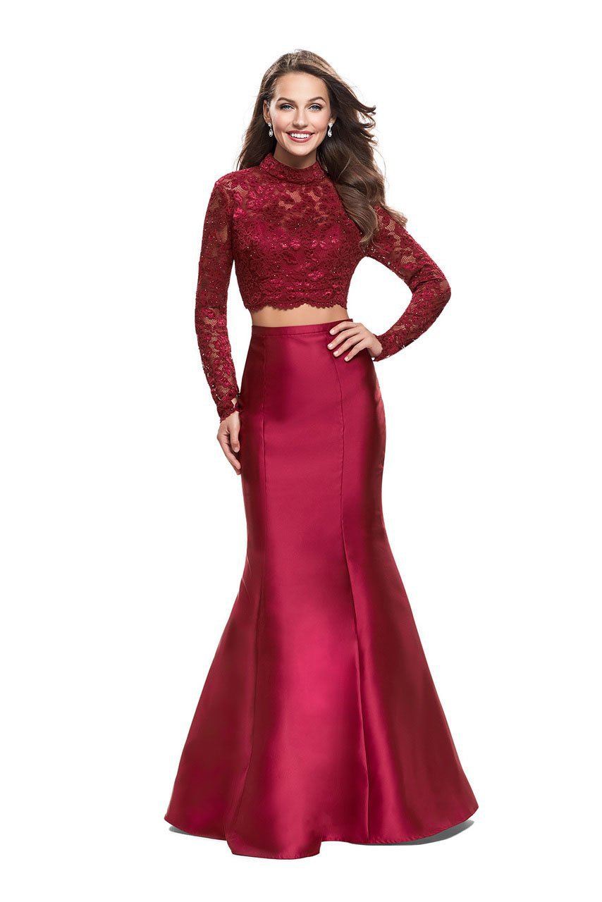 La Femme 24901 - Two Piece Mikado Dress 24901 - Long Trumpet Dress - Mikado, Two Piece, Long Sleeves, Scalloped Hemline, Lace Top, Back Cutout, Back Zipper, Trumpet Skirt, Sweep Train ADASA La Femme 24901 - Two Piece Mikado Dress 24901 - Long Trumpet Dress - Mikado, Two Piece, Long Sleeves, Scalloped Hemline, Lace Top, Back Cutout, Back Zipper, Trumpet Skirt, Sweep Train ADASA