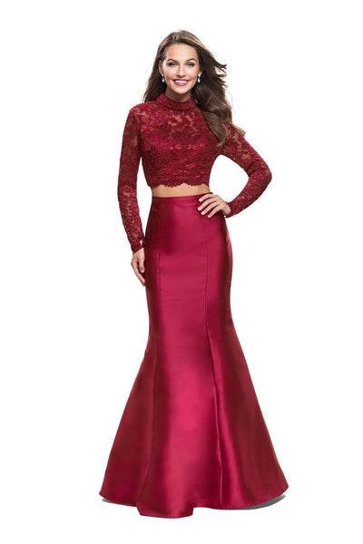La Femme - 24901 Two Piece Lace Mikado Trumpet Dress Special Occasion Dress 00 / Burgundy