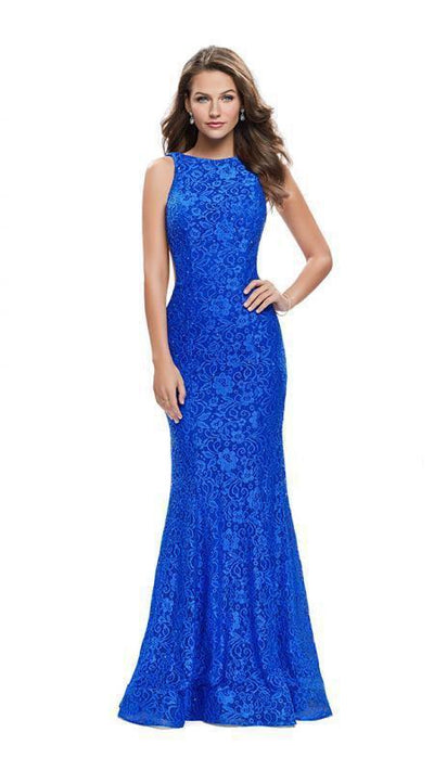 La Femme - 24903 Sleeveless Jewel Back Lace Mermaid Gown Special Occasion Dress 00 / Electric Blue