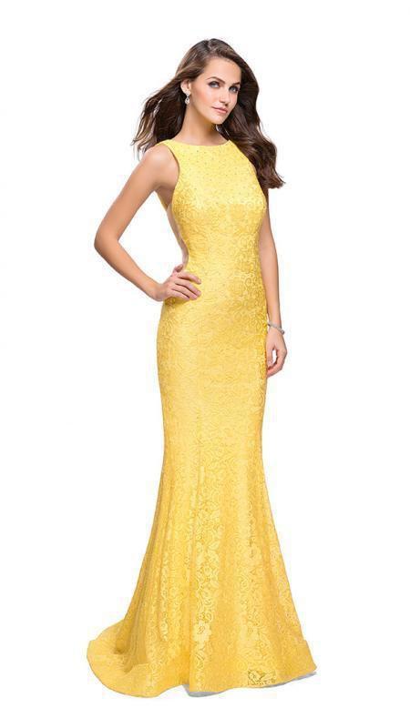 La Femme - 24903 Sleeveless Jewel Back Lace Mermaid Gown Special Occasion Dress 00 / Yellow