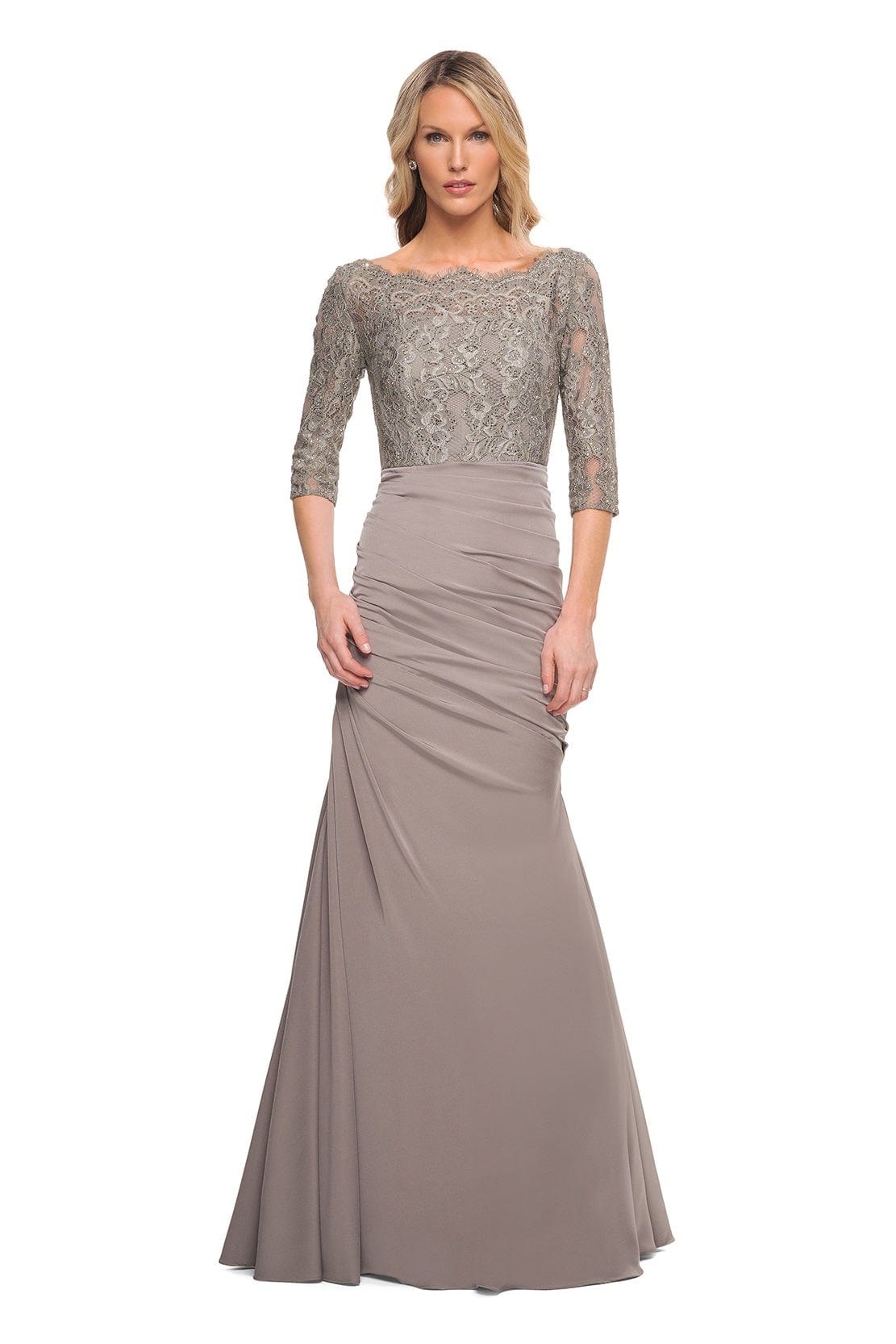 La Femme - 24926 Off-Shoulder Ruched Mermaid Gown Special Occasion Dress 0 / Platinum