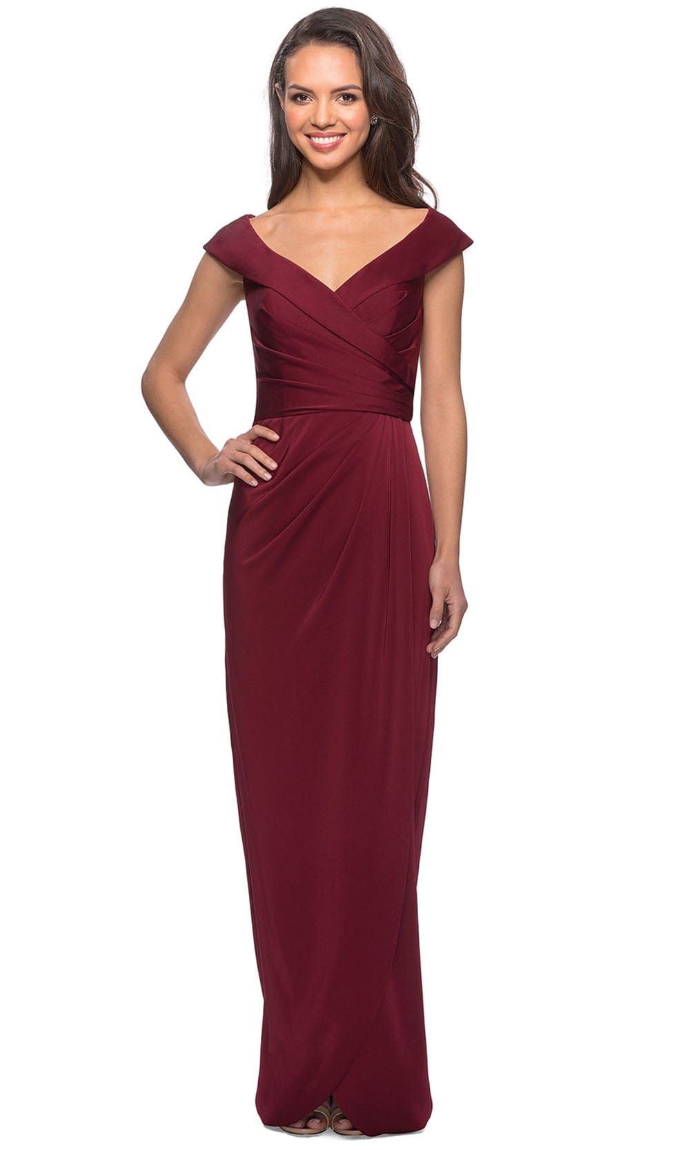 La Femme 25206 - Ruched Cap Sleeved Long Jersey Dress Special Occasion Dress 0 / Burgundy