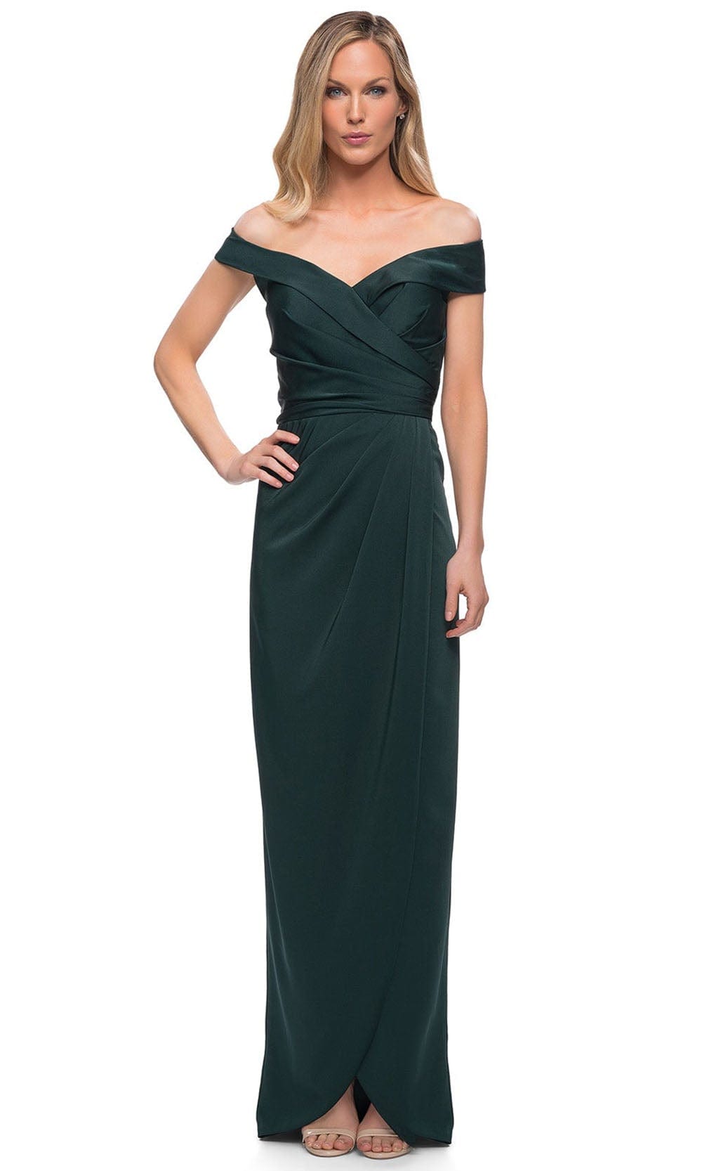 La Femme 25206 - Ruched Cap Sleeved Long Jersey Dress Special Occasion Dress 0 / Emerald