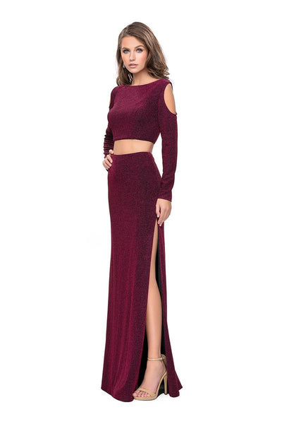 La Femme - 25256 Long Sleeve Cutaway Shoulder Two-Piece Sheath Gown Special Occasion Dress 00 / Fuchsia