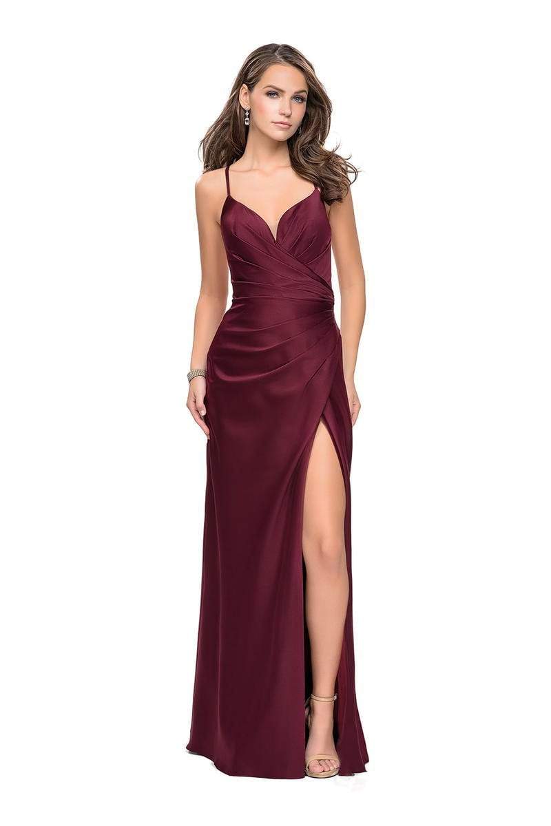 La Femme - 25270 Sleeveless Pleated Surplice Bodice Satin Gown Special Occasion Dress 00 / Garnet