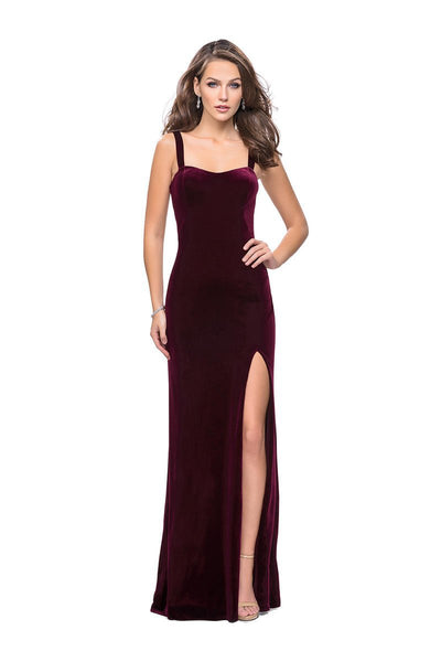La Femme - 25375 Sweetheart Bodice High Slit Velvet Sheath Gown Special Occasion Dress 00 / Wine