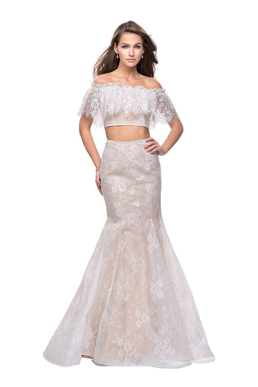 La Femme - 25417 Two Piece Ruffled Off-Shoulder Lace Mermaid Dress Special Occasion Dress 00 / White