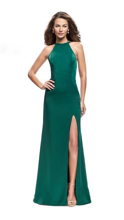 La Femme - 25439 Intricate Lattice Strapped High Halter Gown Special Occasion Dress 00 / Forest Green