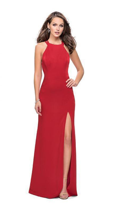 La Femme - 25439 Intricate Lattice Strapped High Halter Gown Special Occasion Dress 00 / Red