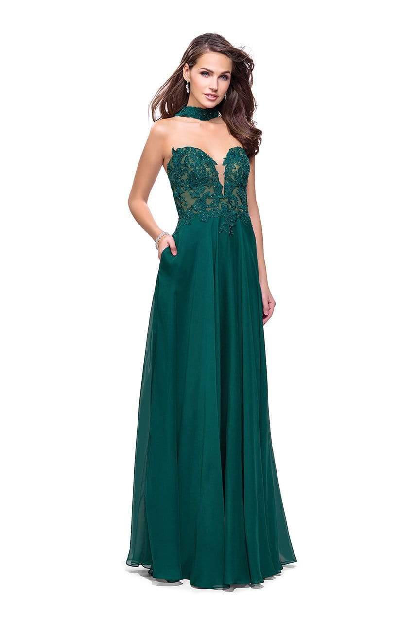 La Femme - 25450 Choker Accented Plunging Lace Bodice Gown ADASA La Femme - 25450 Choker Accented Plunging Lace Bodice Gown ADASA