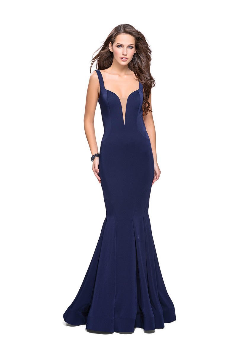 La Femme - 25485 Strappy Fitted Plunging Mermaid Dress Special Occasion Dress 00 / Navy