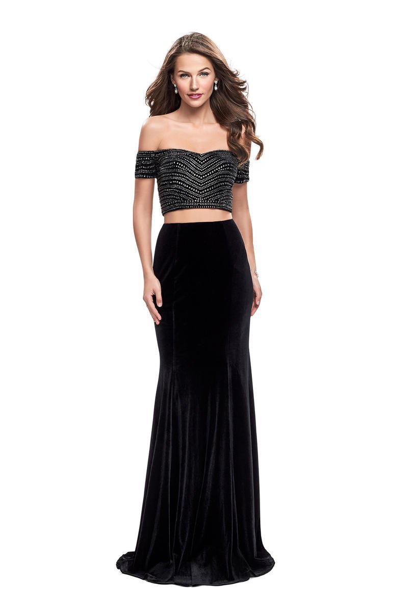 La Femme - 25496 Two Piece Off Shoulder Mermaid Gown Special Occasion Dress 00 / Black