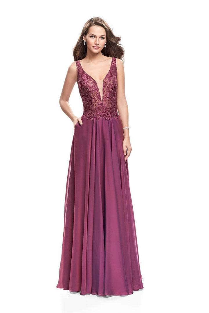 La Femme - 25513SC Embellished Plunging V-neck Long Dress - 1 pc Boysenberry In Size 4 Available CCSALE 4 / Boysenberry