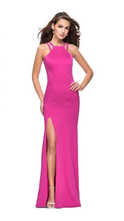 La Femme - 25540 Sleeveless High Halter Satin Sheath Gown Special Occasion Dress 00 / Hot Fuchsia