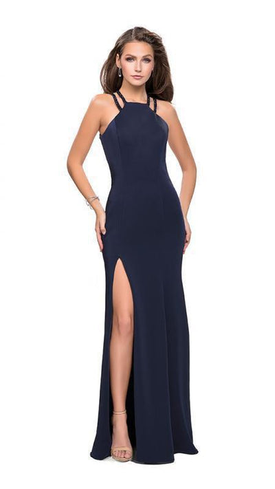 La Femme - 25540 Sleeveless High Halter Satin Sheath Gown Special Occasion Dress 00 / Navy