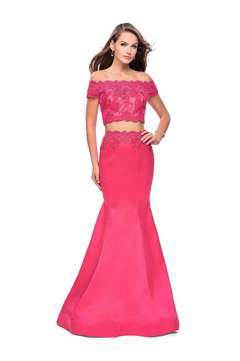 La Femme - 25583 Two Piece Off-Shoulder Mikado Gown Special Occasion Dress 00 / Hot Pink