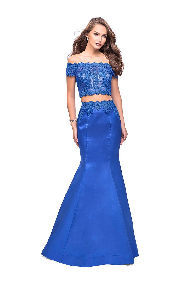 La Femme - 25583 Two Piece Off-Shoulder Mikado Gown Special Occasion Dress 00 / Sapphire Blue