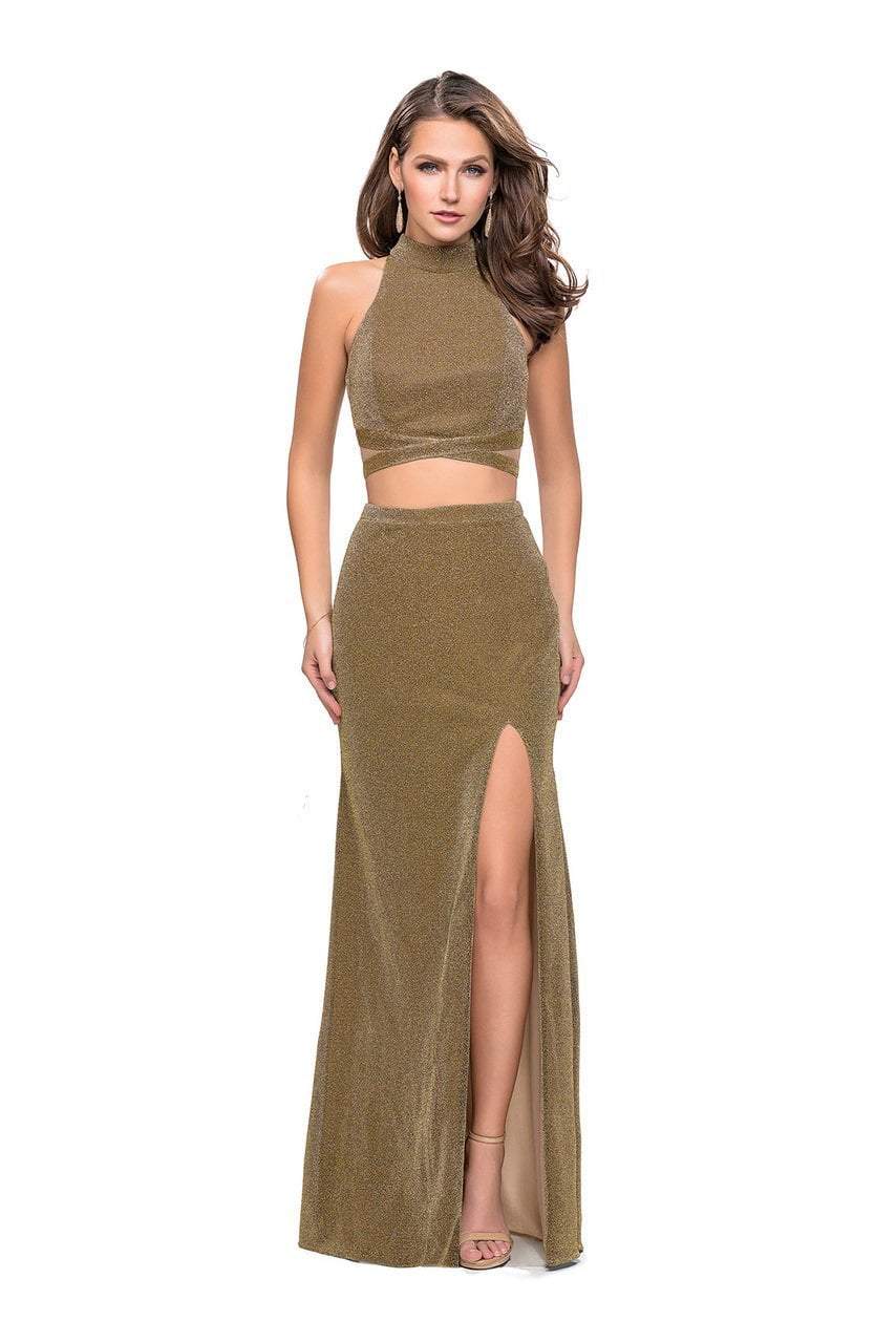 La Femme - 25604 Two-Piece High Neck Cutout Jersey Gown Special Occasion Dress 00 / Gold