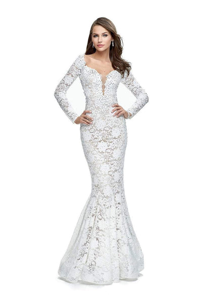 La Femme - 25607 Beaded Long Sleeve Lace Mermaid Dress Special Occasion Dress 00 / White