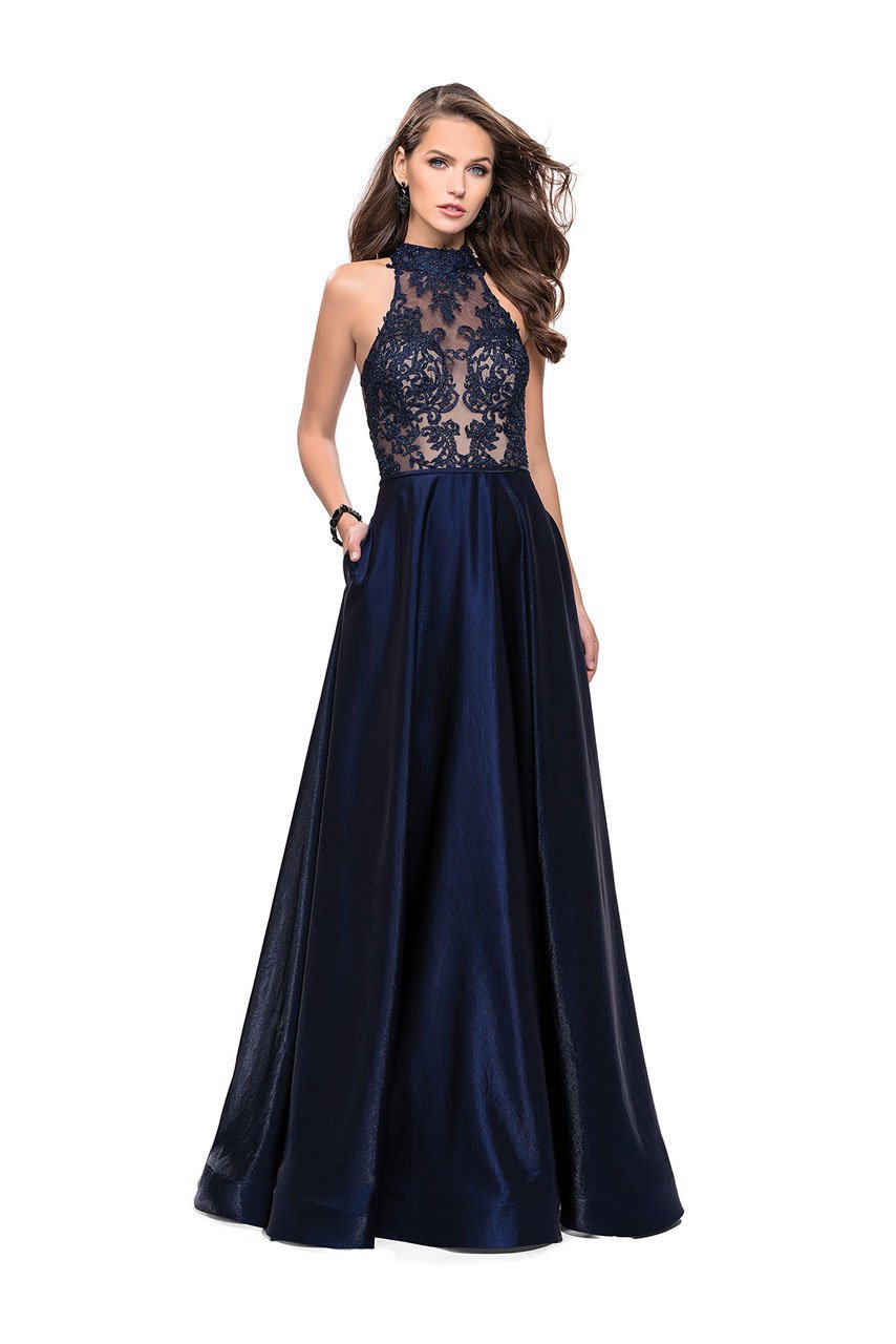 La Femme - 25617 Metallic Beaded High Neck A-line Dress Special Occasion Dress 00 / Navy