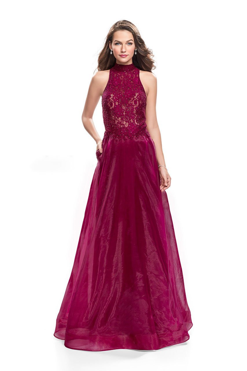 La Femme 25664 - Beaded Lace Halter Dress 25664 - Long A-Line Dress - Organza, Sleeveless, Beaded Lace Bodice, Tulle Underlay, A-Line Skirt, Pocket, Back Cutout, Back Zipper ADASA La Femme 25664 - Beaded Lace Halter Dress 25664 - Long A-Line Dress - Organza, Sleeveless, Beaded Lace Bodice, Tulle Underlay, A-Line Skirt, Pocket, Back Cutout, Back Zipper ADASA