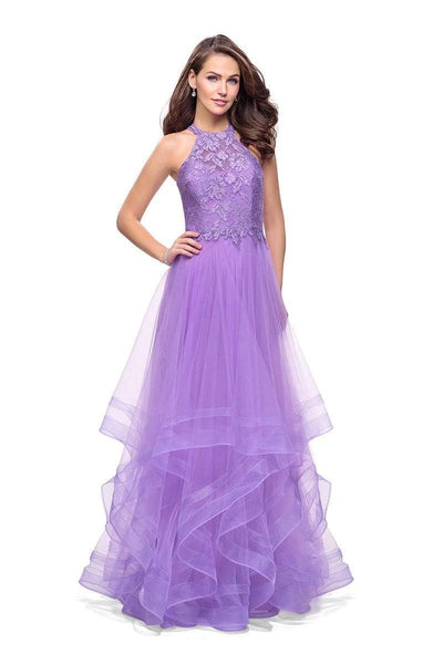 La Femme - 25671 High Halter Lace Bodice Tiered Tulle Gown Special Occasion Dress 00 / Wisteria