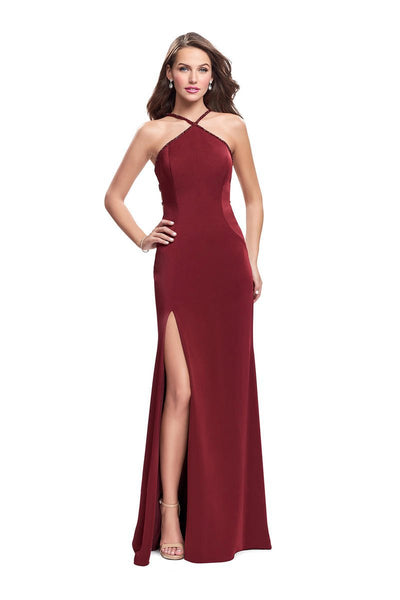 La Femme - 25698 Halter Fitted Strappy Slit Dress Special Occasion Dress 00 / Burgundy