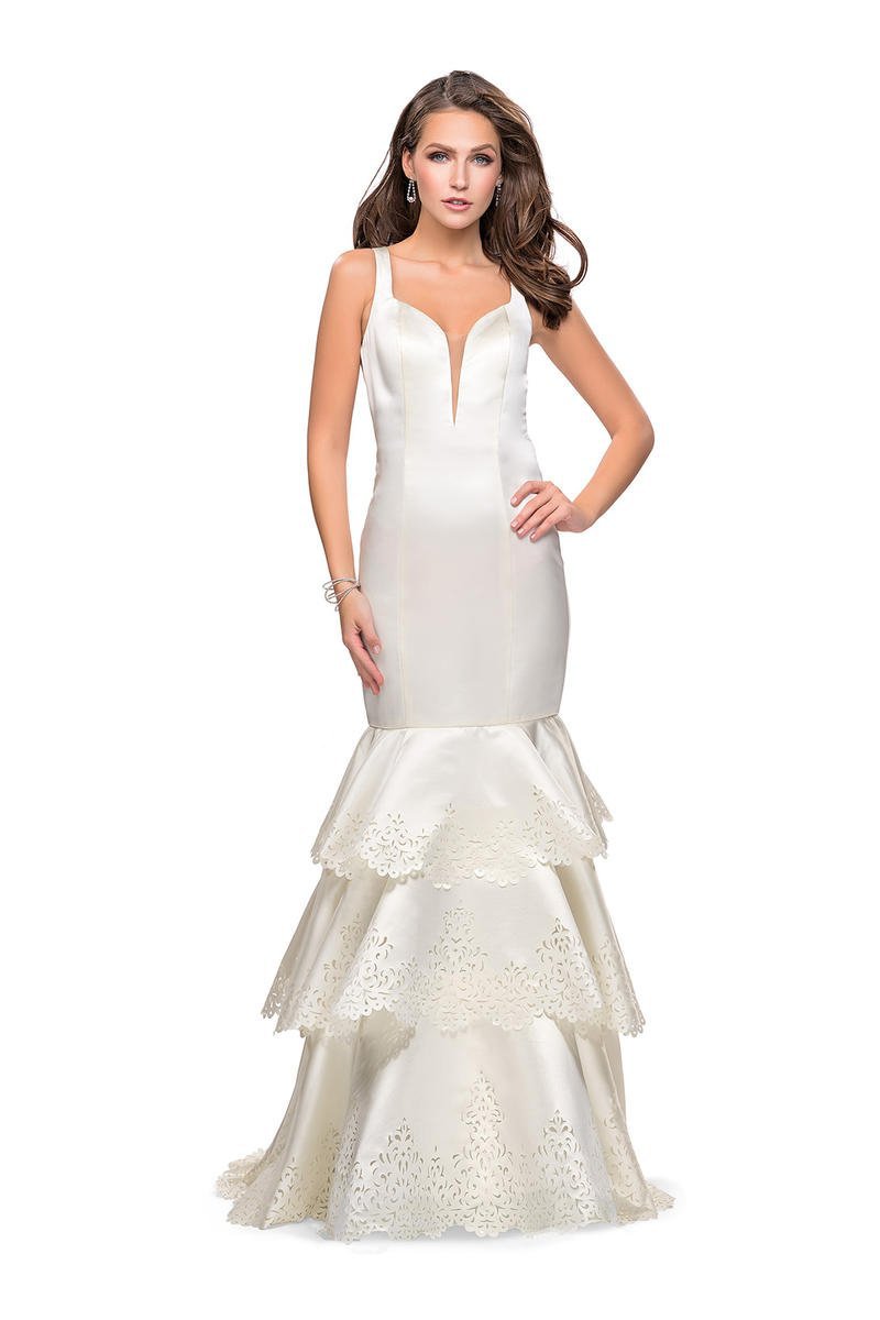 La Femme - 25749 Deep V-neck Satin Ruffled Mermaid Dress Special Occasion Dress 00 / White