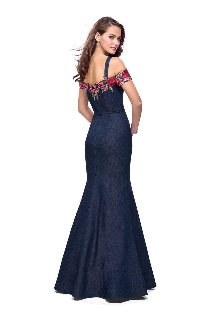 La Femme - 25753 Cold Shoulder Floral Denim Trumpet Gown Evening Dresses