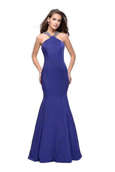 La Femme - 25763 Beaded Strappy Halter Mermaid Dress Special Occasion Dress 00 / Dark Periwinkle