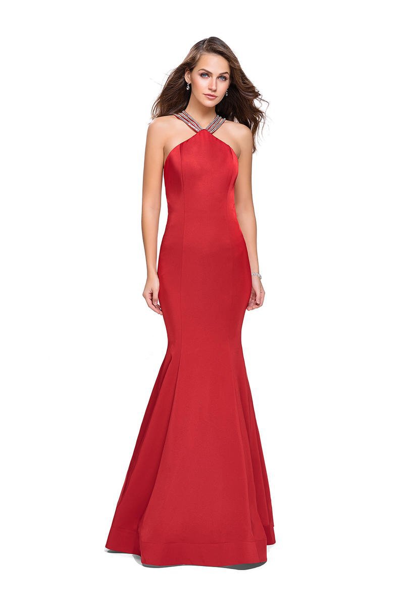 La Femme - 25763 Beaded Strappy Halter Mermaid Dress Special Occasion Dress 00 / Red