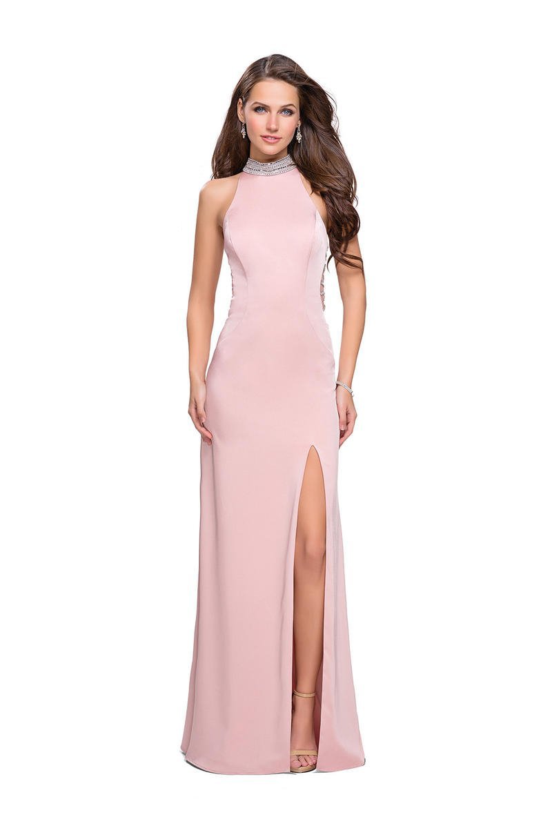 La Femme - 25767 Beaded High Halter Jersey Sheath Dress Special Occasion Dress 00 / Blush