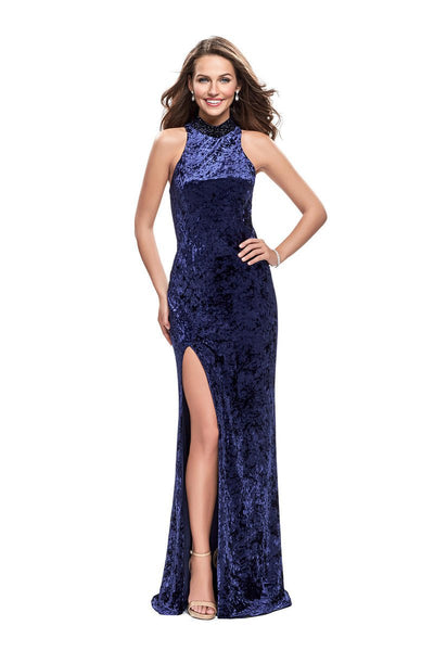 La Femme - 25783 Beaded High Halter Velvet Sheath Dress Special Occasion Dress 00 / Navy