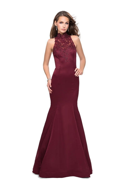 La Femme - 25792 Lace High Halter Satin Mermaid Dress Special Occasion Dress 00 / Wine