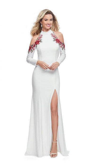 La Femme - 25807 Floral Applique Long Sleeve Sheath Dress Special Occasion Dress 00 / Ivory