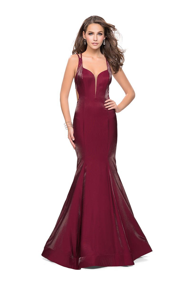 La Femme - 25813 Strappy Deep V-neck  Mermaid Dress Special Occasion Dress 00 / Garnet