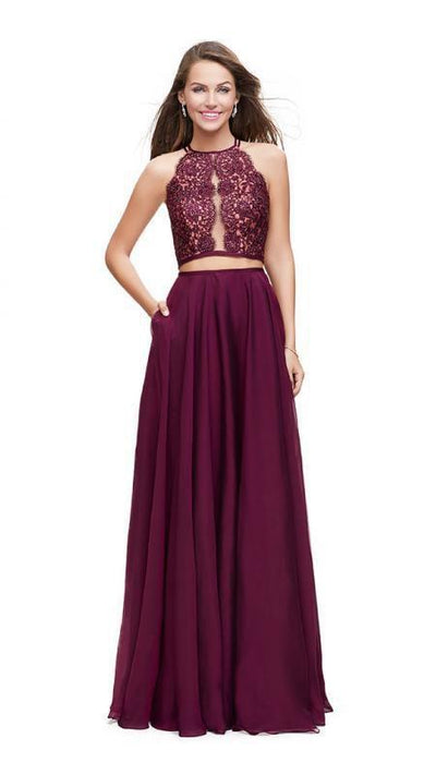 La Femme - 25843 Two-Piece Illusion Paneled Lace Bodice Chiffon Gown Special Occasion Dress 00 / Garnet