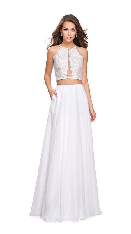 La Femme - 25843 Two-Piece Illusion Paneled Lace Bodice Chiffon Gown Special Occasion Dress 00 / White