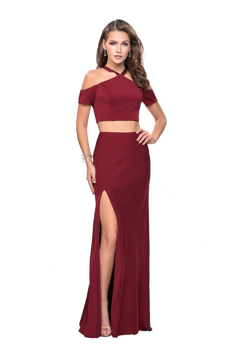 La Femme - 25846 Two Piece Beaded Halter Sheath Dress Special Occasion Dress 00 / Burgundy